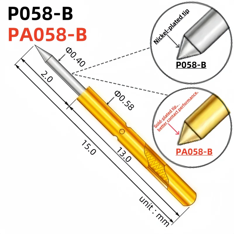 20/100PCS P058-B Gold-Plated Probe Metal Test Pin Test Probe 15mm 0.58mm Needle Seat Spring Test Probe P058-B1 Pogo Pin PA058-B