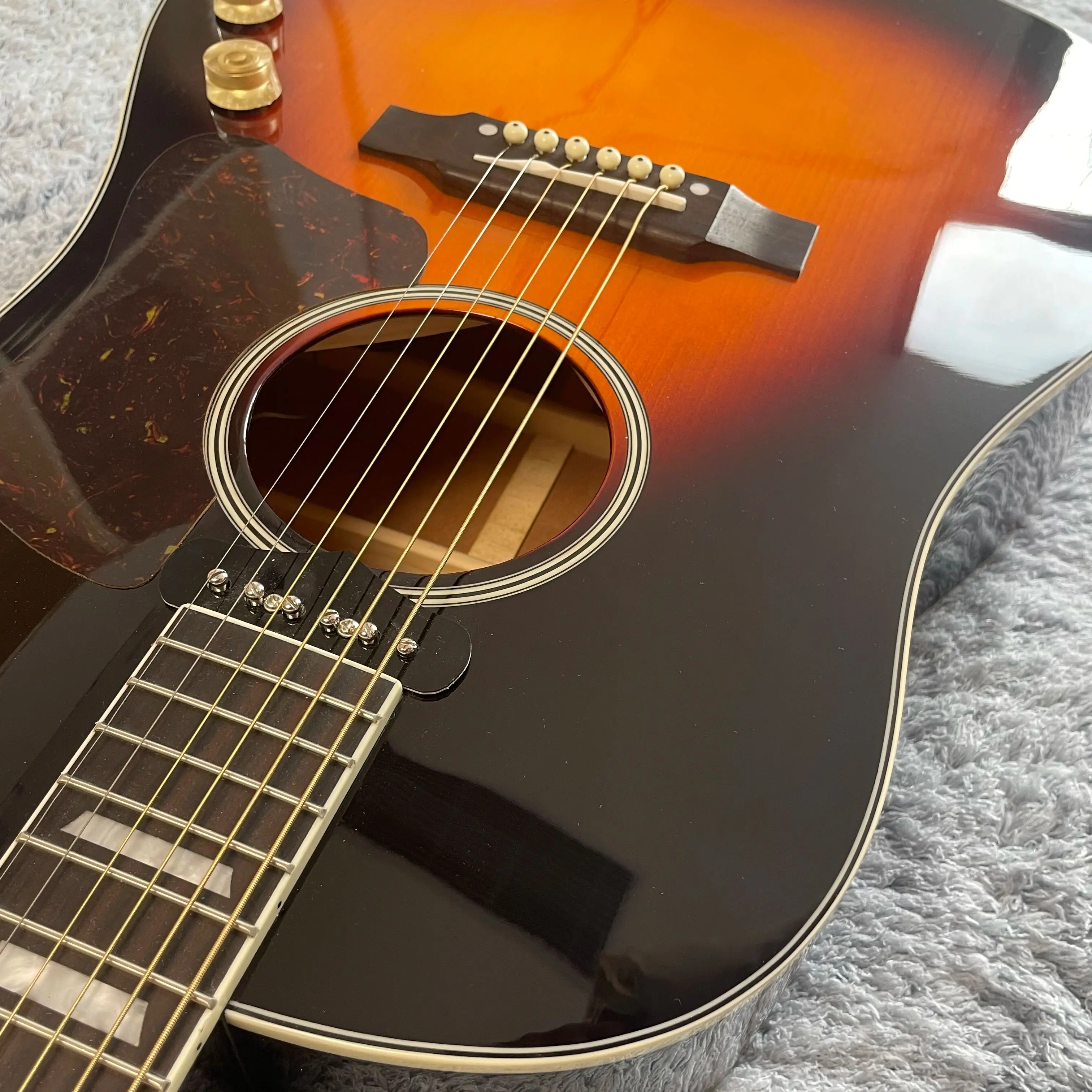 Fast Delivery Acoustic Electric Guitar Solid Wood Bone Nut/Saddle In Sunburst view 3