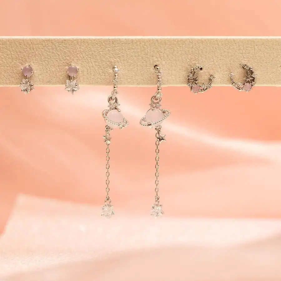ins Vintage Exquisite Zircon Star Moon Chain Earring Gold-plated Starry Planet Stud Earrings Set For Women Girls Fashion Jewelry