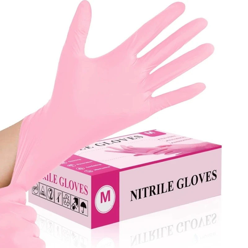 3.5Mil Pink Nitrile Gloves Non-Sterile Disposable Safety Gloves for Women Cleaning Tattoo Nail Salon Hair Dye Protective Gloves