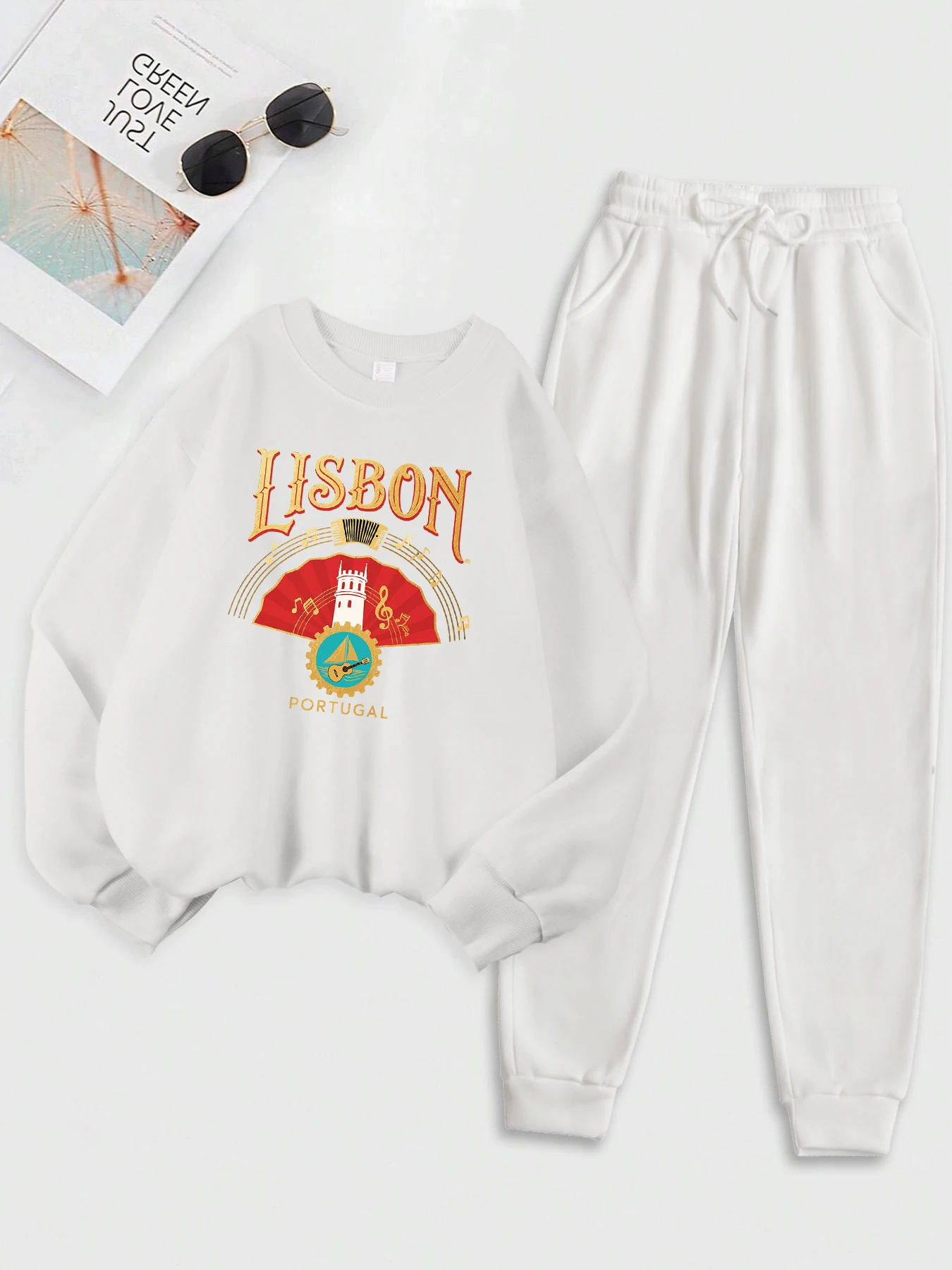 리스본 포르투갈 토레 데 벨렘 프린트 스포츠 슈트 여성용 부드러운 가을 스웨트셔츠 두꺼운 O넥 의류 캐주얼 루즈 스웨트셔츠