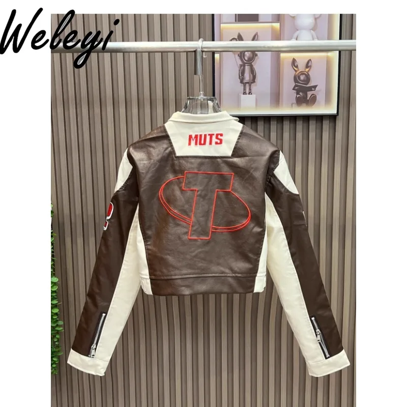 Motorcycle Cool Girl Letters Embroidered PU Leather Jacket 2025 Autumn New Women\'s Stand Collar Zipper Long Sleeve Black Coat