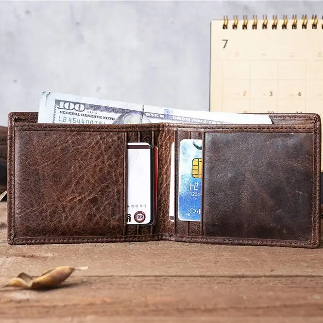 898-1-2  Unisex Top Layer Cowhide Leather Retro Wallet,Casual ID Card,Portable Multi Slot Card Bag,Crazy Horse Leather Wallet