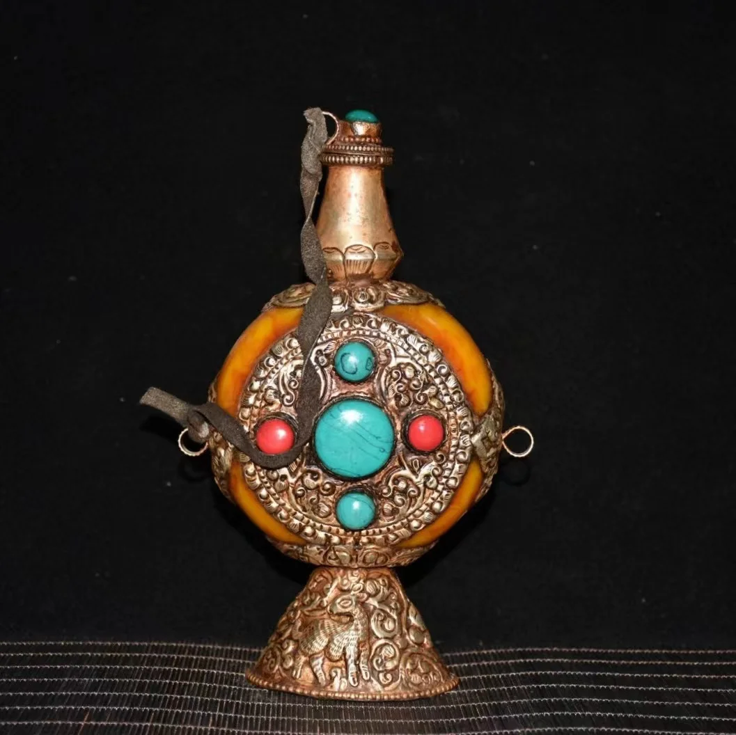 collections Qing Dynasty Tibet Handmade Beeswax gems&silver snuff bottle,Carved figures