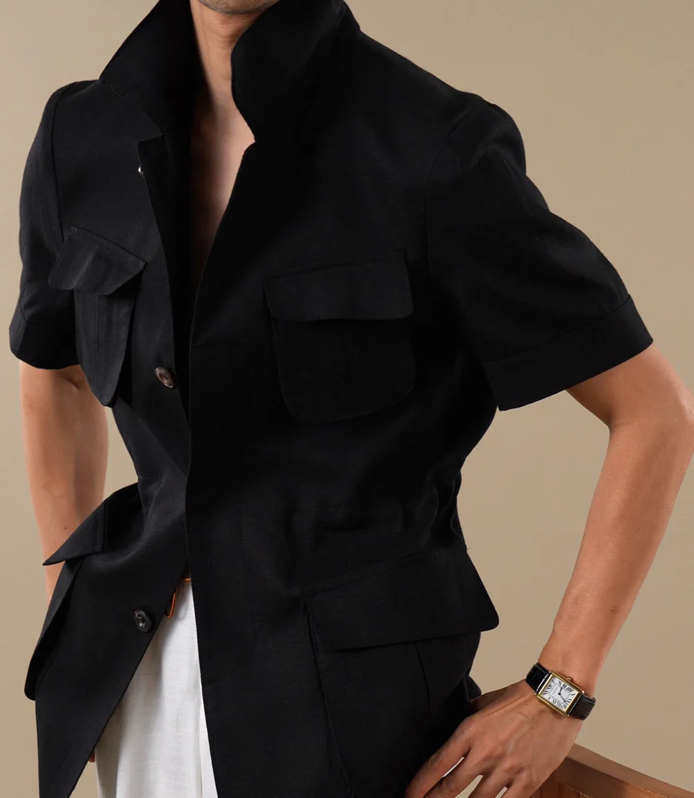 Summer Short-Sleeve Hunting Jacket Men Linen Blend Business Jacket Personality Casual Formal Social Club Outfits Vintage Jacket