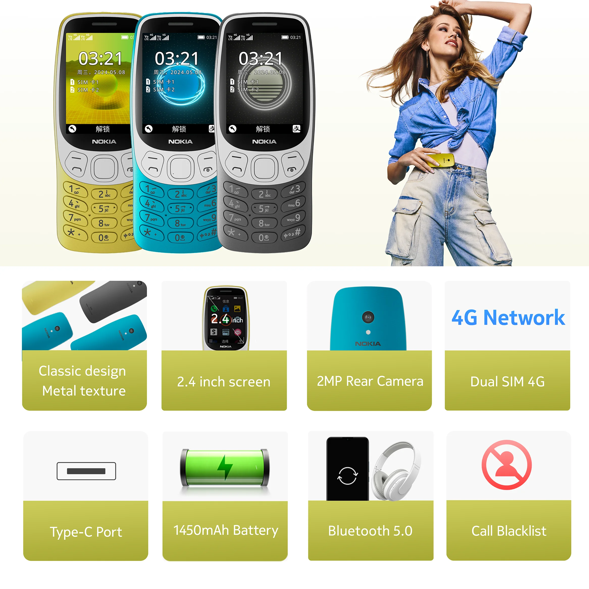 Original Nokia 3210 4G Feature Phone Dual SIM 2.4" Type-C Port Bluetooth 5.0 FM Radio 1450mAh Bettery Push-button Mobile Phone