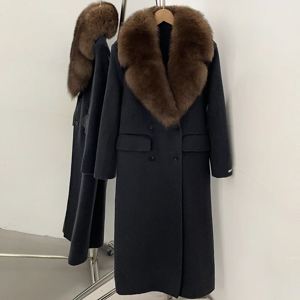 OFTBUY Luxuriöser Doppelreihiger Langer Wollmantel für Damen mit Echtem Fuchspelzkragen, Winter-Wärmejacke, Schlanke Wollkleidung mit Echtpelz – Detail 19