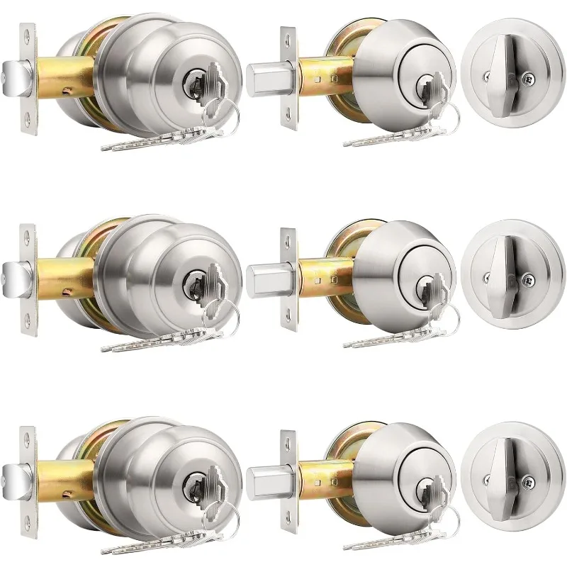 

Entry Door Knob Lock Set and Single Cylinder Deadbolt Combination Set, Satin Nickel (3 Pack) Keyed Alike US(Origin)