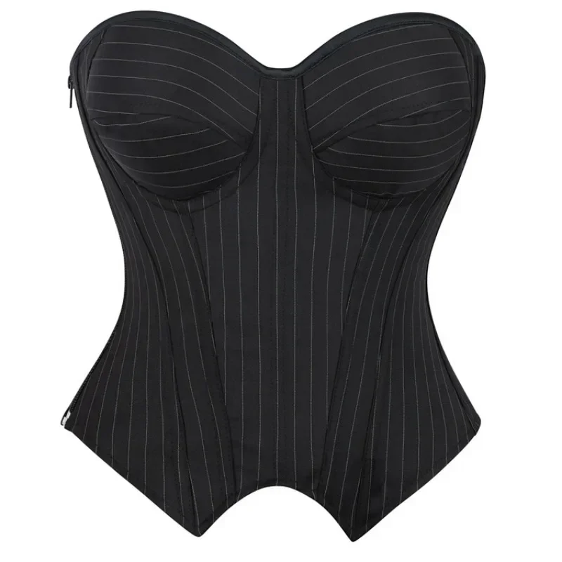 Fashion Women Corset Overbust for Black Striped Corsets Zip Up Bustier Pinstripe Korsett