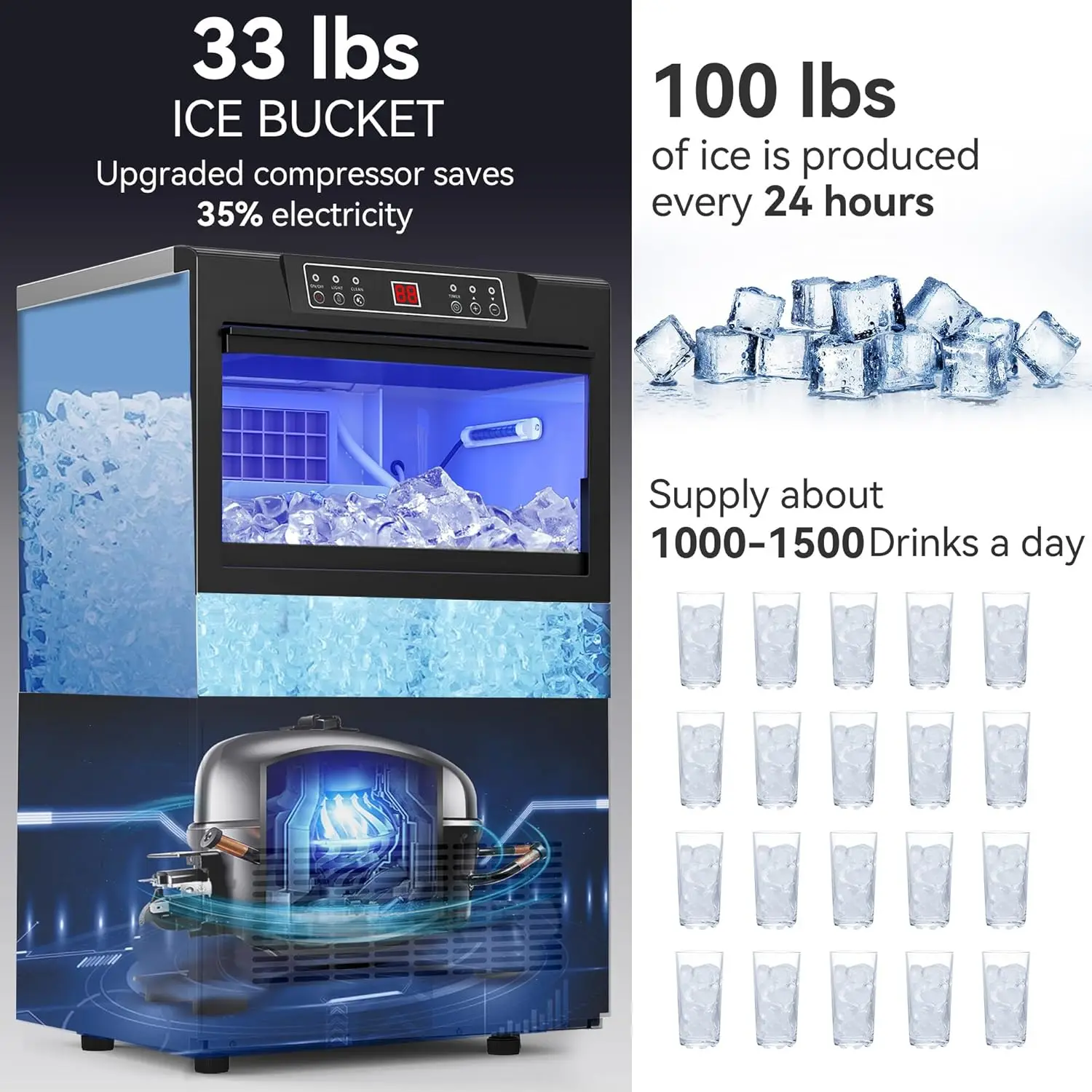 

Under Counter Ice Maker Machine 100lbs, ETL & DOE Certificated Commercial Ice Machine Commercial, Big Ice Makers Freestanding