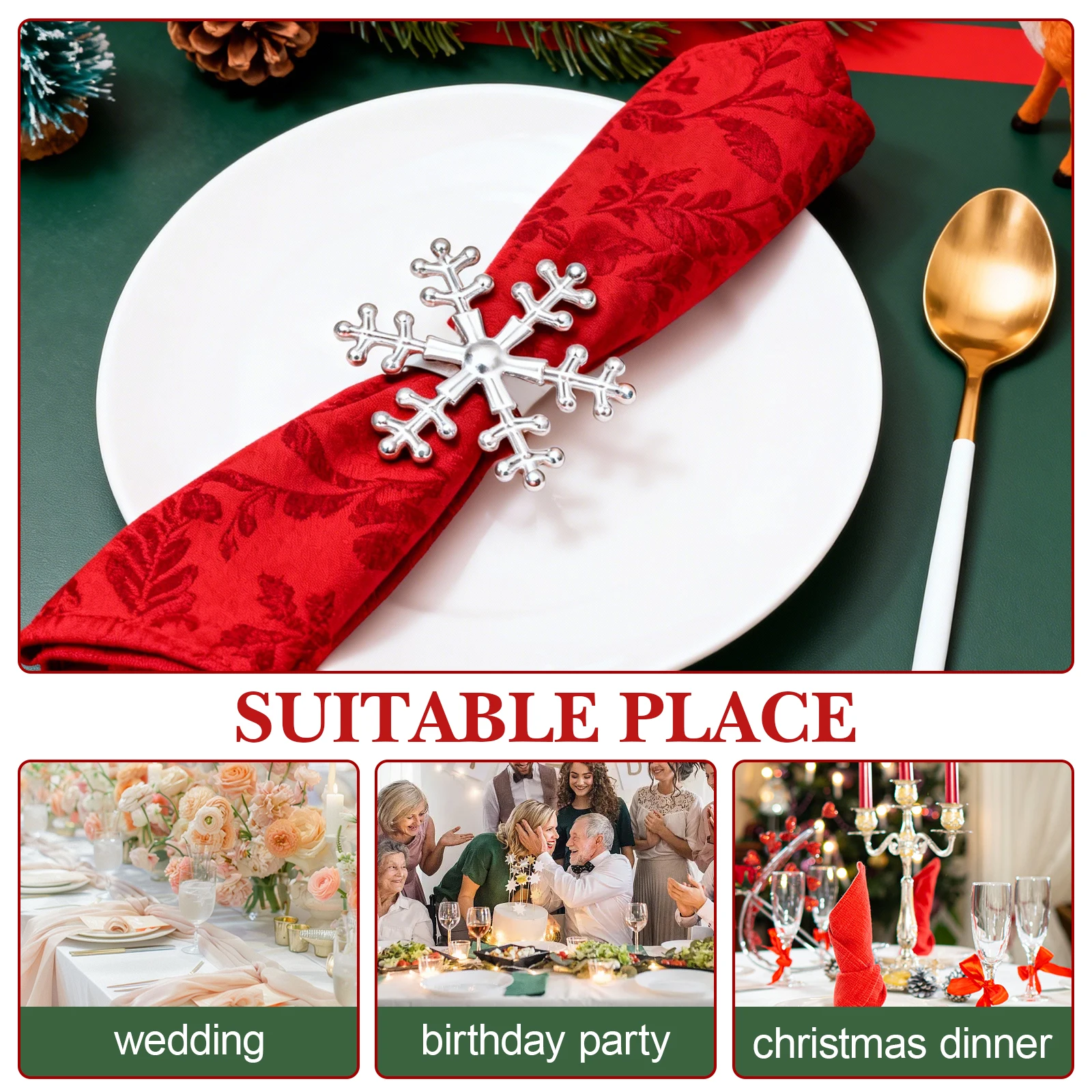 6 قطع من حلقة منديل ندفة الثلج مصنوعة من مادة سبيكة بلمسة نهائية لامعة لتزيين الطاولة الأنيقة لحفلات العطلات وحفلات الزفاف وحفلات الطعام #3