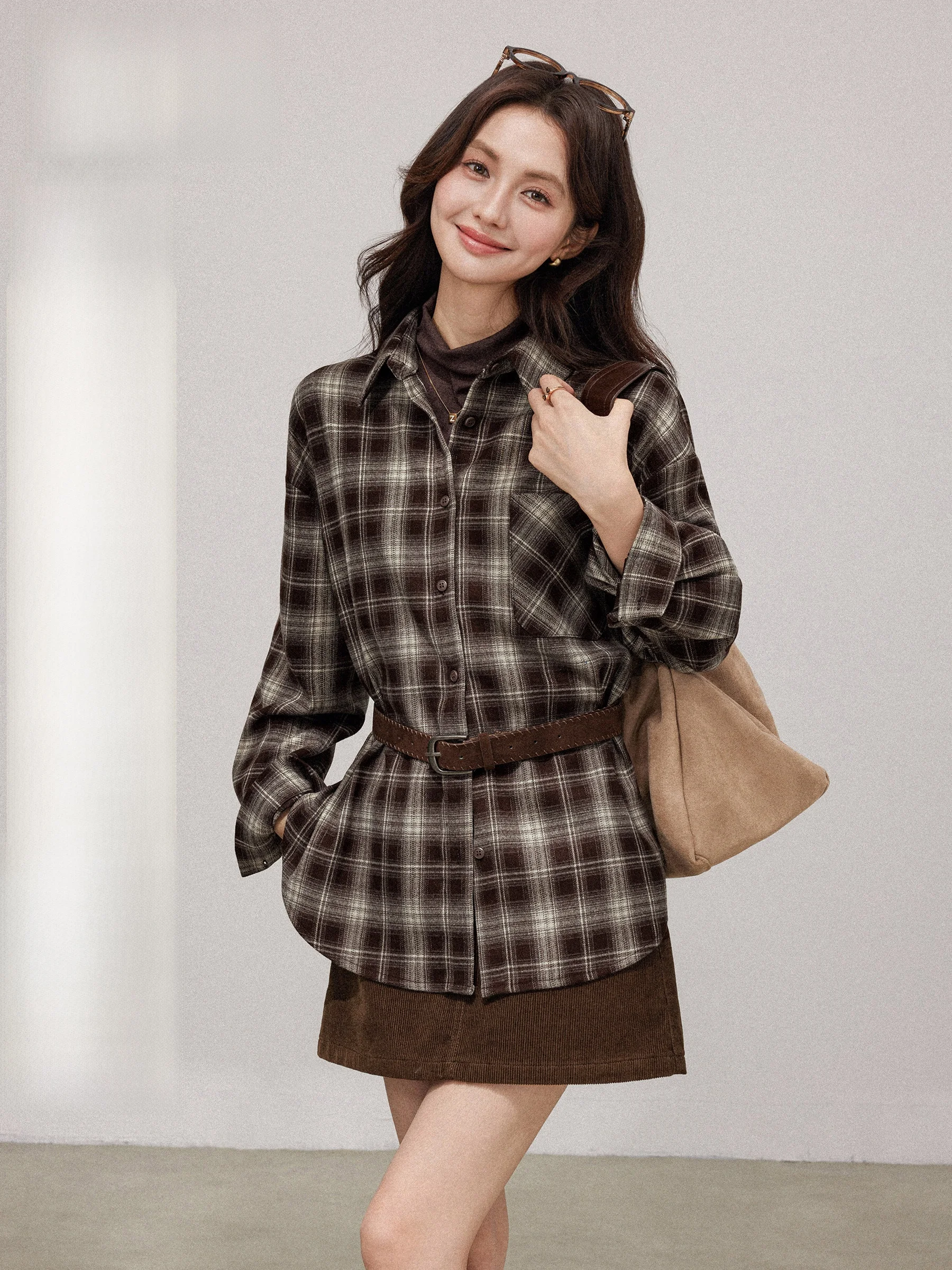 

Chic Plaid irt Coffee Color Loose Fit Casual Sle Women's Outerwear Casual Loose irt Autumn New Arrival Lazy Sle