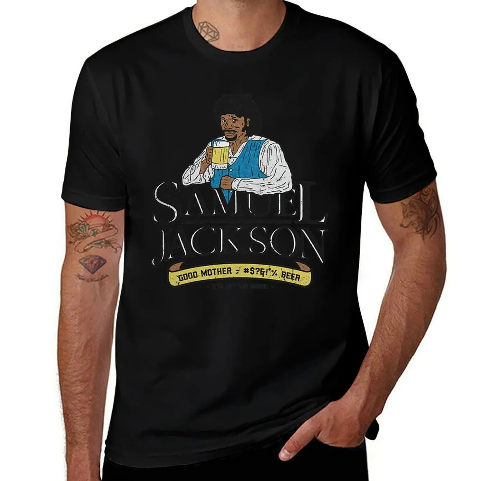 SAMUEL JACKSON BEER RETRO T-Shirt Soft Casual Short Sleeve Cotton Tee T-Shirt