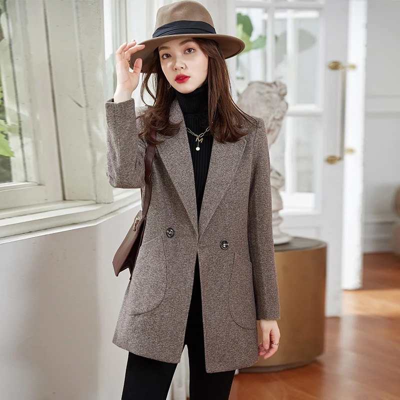 Elegant All-match Women's Woolen Suit Jacket Spring and Autumn New Fashion Woolen Coat Slim-fit Office Lady Mid-length Suit Top