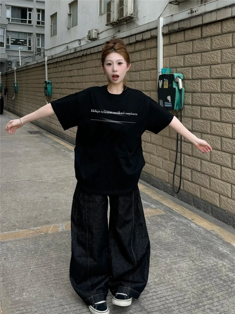 

Футболка из чистого хлопка, плотная, свободного кроя, летняя, повседневная, удобная, больших размеров