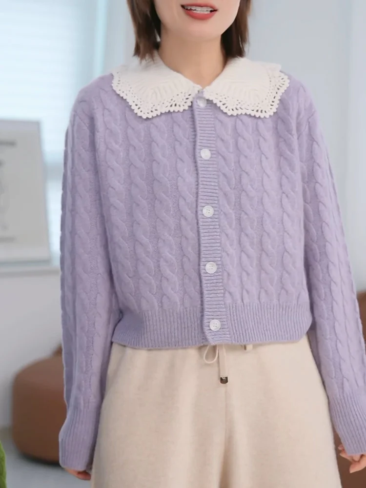 

Korean Sle Sweet Doll Collar Knitted Open Cardigan plus Size Purple Faion Slimming Top Women Autumn New Arrival