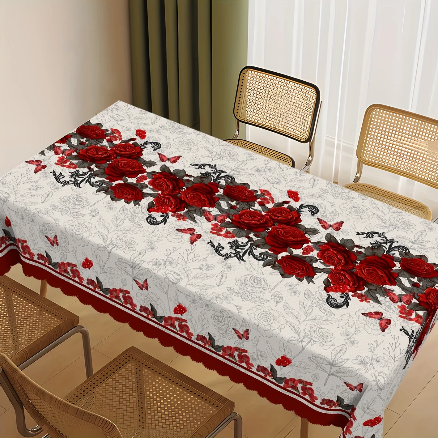 Red Rose Floral Print Tablecloth for Table Decor Elegant Flowers Butterfly Kitchen Dining Table Cloth Wedding Party Decorations