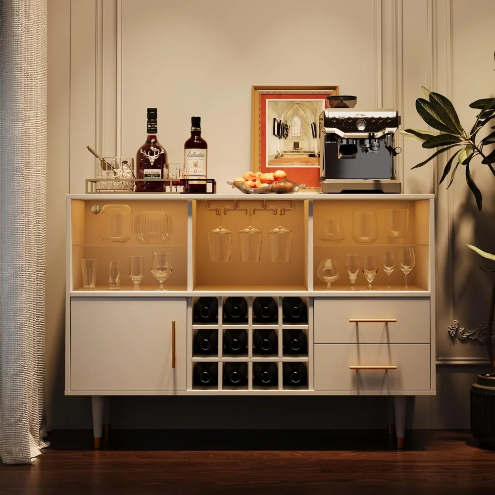 Armário de bar com estação de carregamento LED, buffet e aparador - ideal para bares de café e vinho, 47 polegadas branco