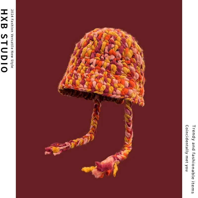 Japanese Color Coarse Wool Handmade Knitted Bucket Hat for Women Winter Versatile Thermal Ear Protector Lace Bomber Hats