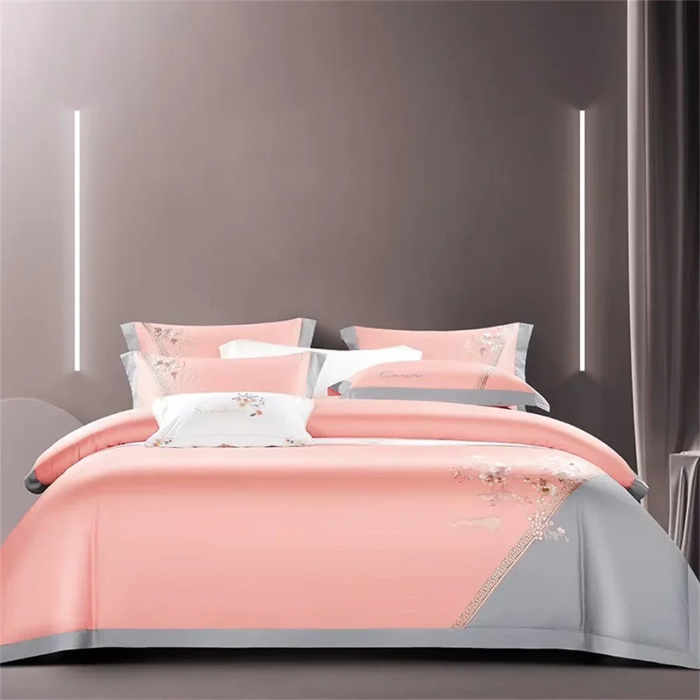 Svetanya Pink Egyptian Cotton Satin Jacquard Embroidery bedding set King Queen Bed Lines Elastic Sheet Pillowcase Duvet Cover