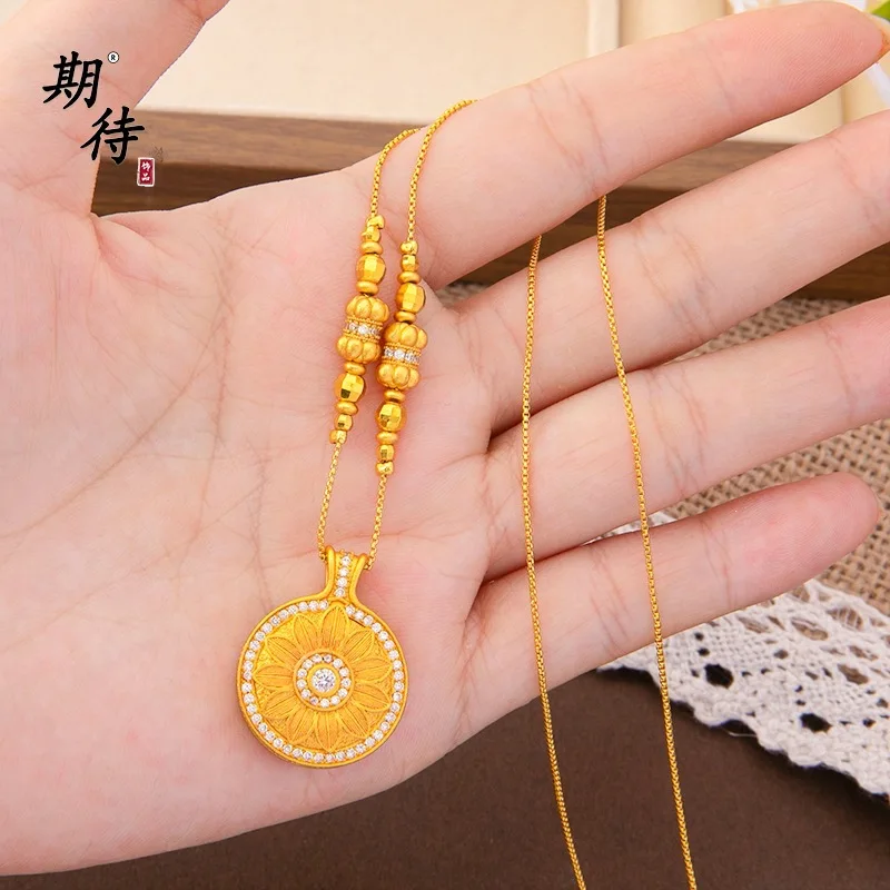 Luxury 24K 9999 Pure Gold real gold Women's diamond rose compass pendant necklace