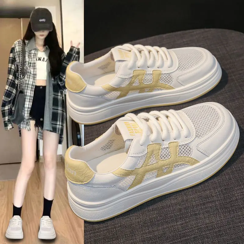 

Women's Thick-Soled Height-Increasing White Sneakers Breathable Mesh Versatile Casual Sports Shoes for Middle School Students