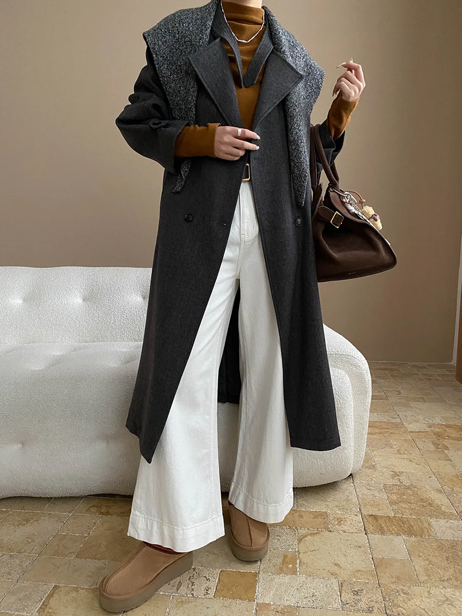 

Женское повседневное однотонное шаль, двубортное темпераментное длинное шерстяное пальто, куртка