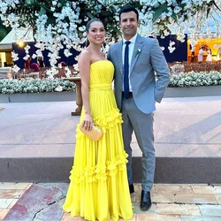 Yellow Chiffon Prom Dresses Strapless Tiered Plissado Longos Vestidos De Noite Mulheres Partido Formal Vestido Ocasião Especial Personalizado