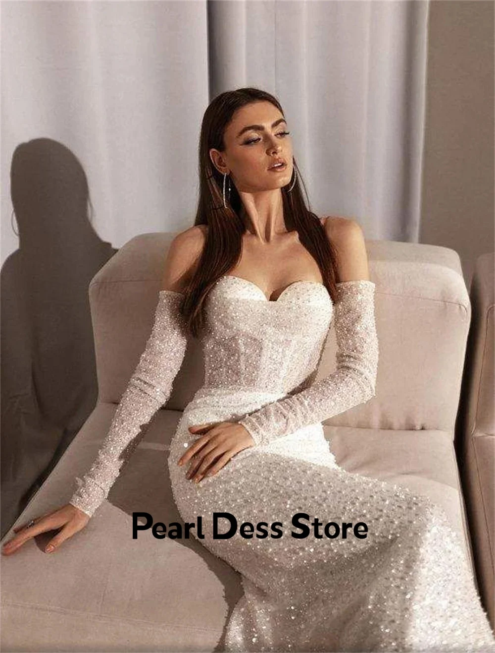 Pearl Fish Tail Evening Gown Shiny Off the Shoulders Elegant Party Dresses 2024 for Wedding Guest Dress Women Ivory White Prom