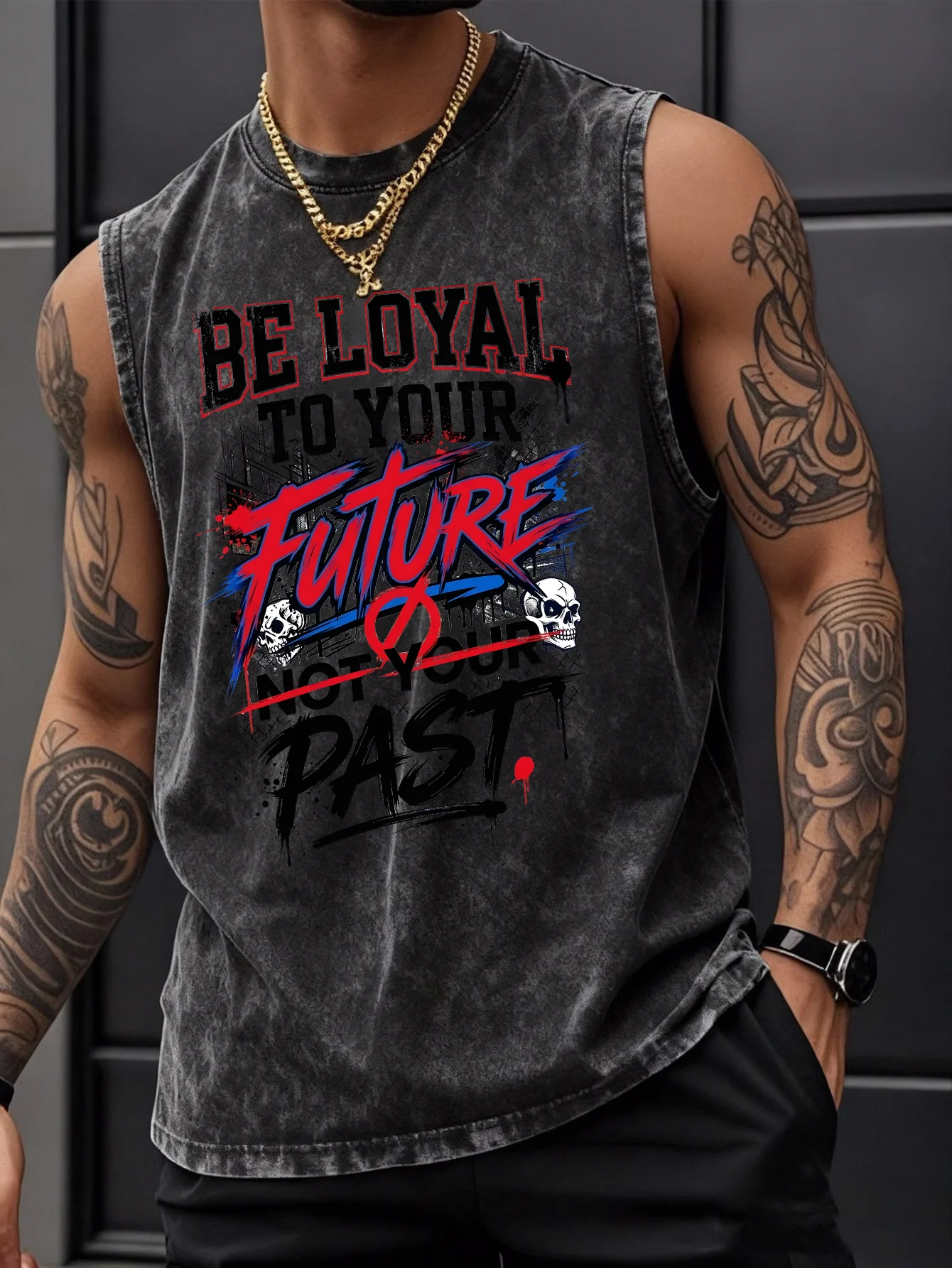 American Washed Vintage Skull Text Vest, Dark High Street Sleeveless T-shirt, Inspirational Slogan, Loose Fitting Men