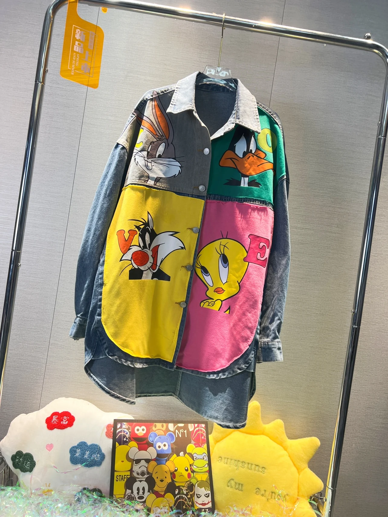 Trendy Brand Autumn Women Long Sleeve Blouses Cute Cartoon Printed Colorblock Denim Shirts Mid-long Casual Loose Jean Coats