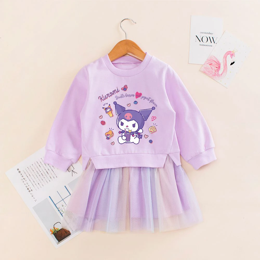 Anime Sanrioed Cinnamoroll Girls' Dresses Kawaii Kuromi My Melody Children Long Sleeved Clothing Party Cartoon Princess Dress