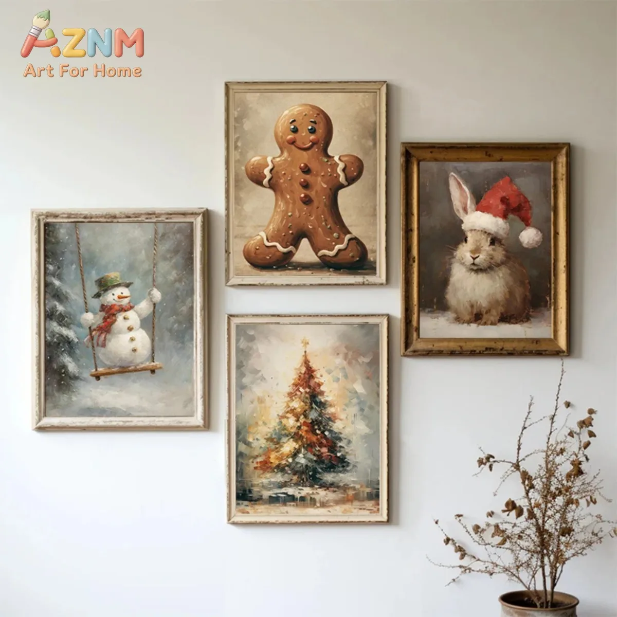 Vintage Holiday Christmas Winter Snowman Gingerbread Man Santa Claus Wall Art Canvas Painting For Room Home Decor