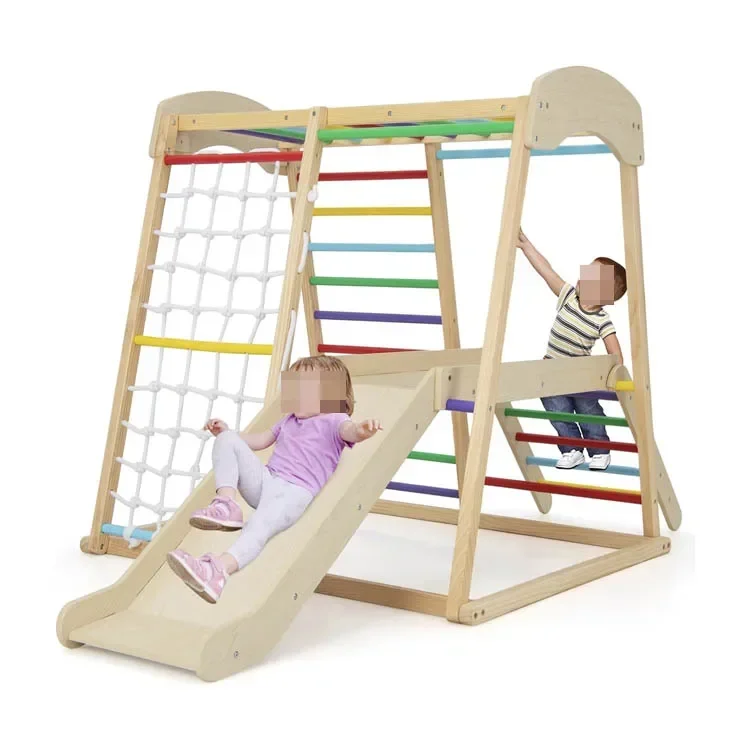 

Wooden Rainbow Climbing Frame Indoor Playground Indoors for Kids Activity Climber Ladder Swing Slide Play Structure Set