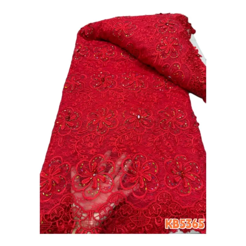 

Красная кружевная ткань шантильи с бусинами, африканское нигерийское кружево для жениха, расшитое пайетками, французская сетка с пайетками 2026 для шитья KB5365