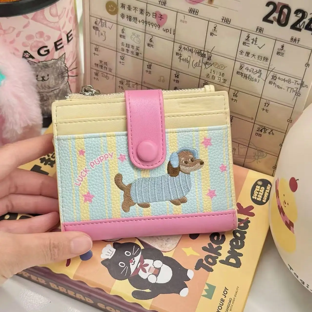 WERLLANDS PU Leather Mini Zip Wallet Unisex Compact Coin Purse Two Color Matching Blue White Pink Yellow