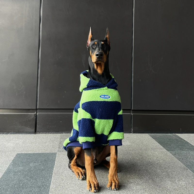 Suéter de rayas verdes de invierno para perros grandes, ropa cálida con capucha para perros, abrigos Doberman para medios, ropa para perros grandes