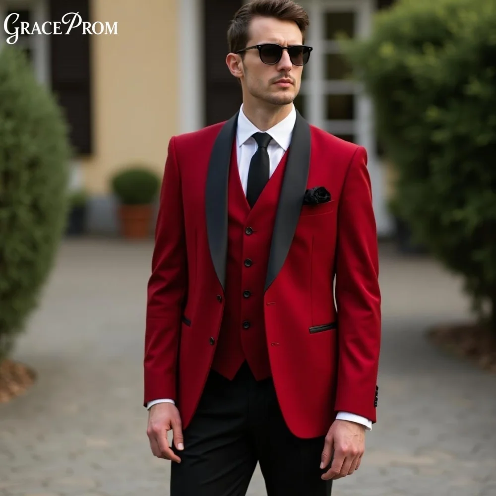 Stylish Red Black 3PCS Mens Wedding Tuxedo Tailored Fit Black Peak Lapel Formal Suit Set Plus Size For Banquet Ceremony Events