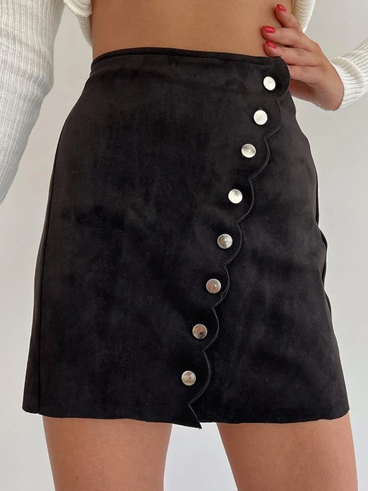 OMSJ Women Casual Skirt 2024 Party Mini High Waist Suede Leather Single-breasted Autumn Winter Versatile Kawaii Sexy Slim Skirts