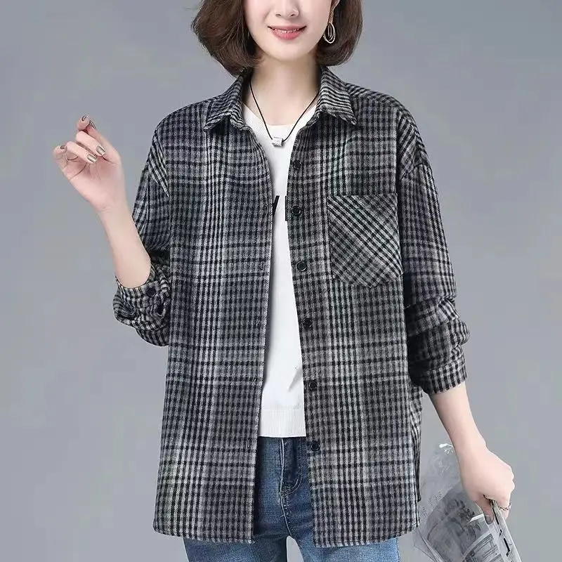 

Women's Plaid irt Spring Autumn Loose Long Sve Casual Mom Sle Versatile Cotton Blend Button up Office Commute Fri...