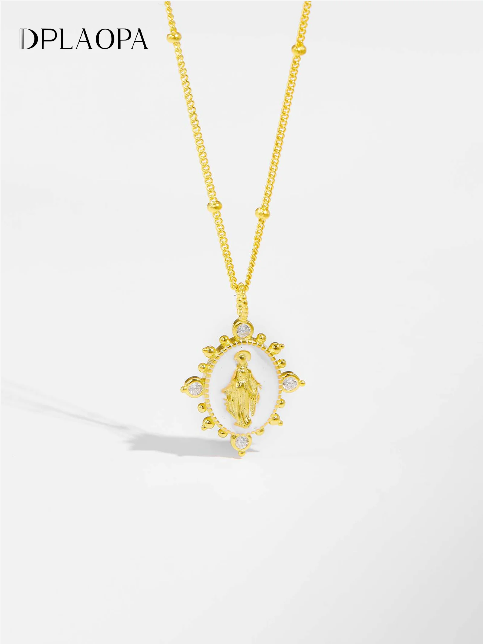 

DPLAOPA 925 Sterling Silver White Zircon Virgin Mary Pendant Necklace Long Chain Beads Women Luxury Fine Classic Necklace