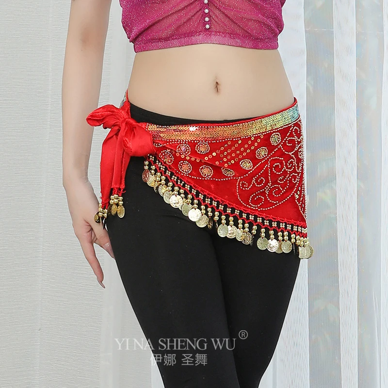 Grânulo bordado dança do ventre hip cachecol 6 cores feminino oriental dança do ventre moedas cinto lição usar prática traje decoração