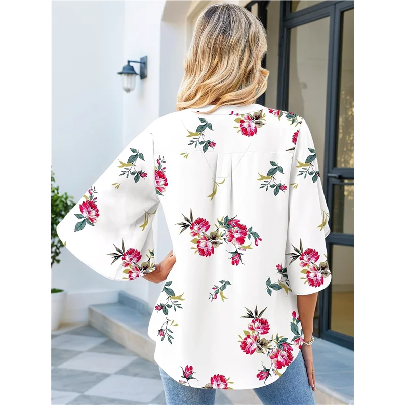 

3/4 Length Sleeve Women's Tops Loose V-Neck Petal Chiffon Print Shirt Business Work Blouses
