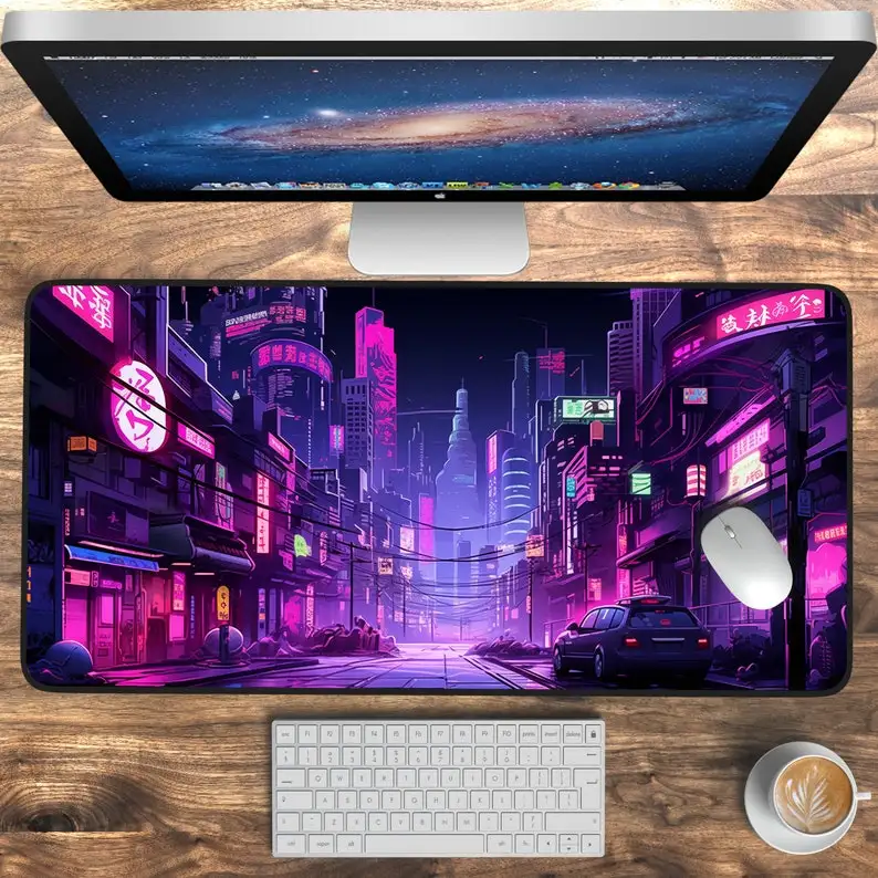 Neon Tokyo Desk Mats, Retro Street Scene Purple Pixel Art, Japanese City, Gaming Desk Mat, Anime Aesthetic Gaming Mouse Pads