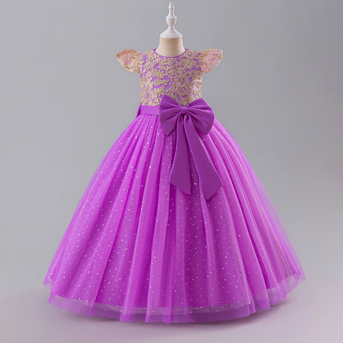 Vestido do laço com projeto da flor para meninas, dama de honra, casamento, festa de aniversário, feriado, baile, baile