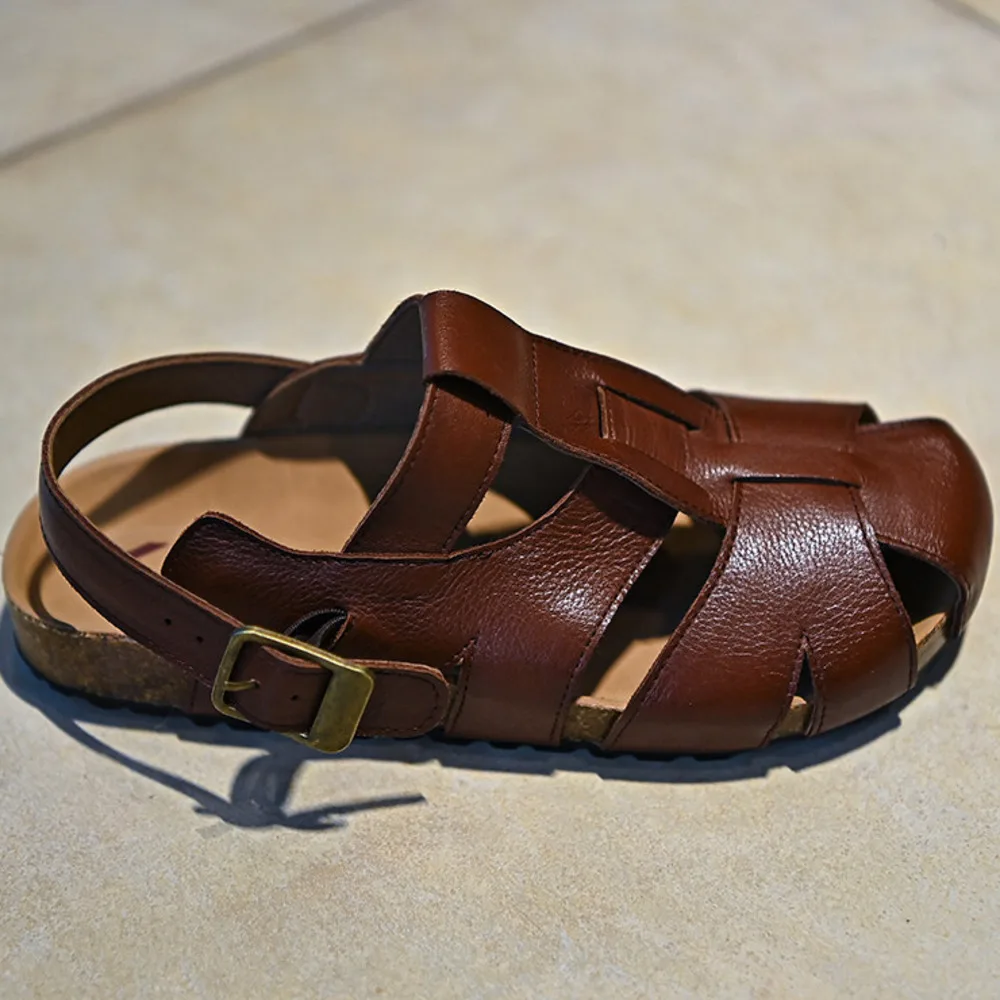 Women Dark Brown Genuine Leather Roman Sandals Woven Closed Toe Slingback Cork Footbed Antique Brass Buckle Flat Shoes view 3