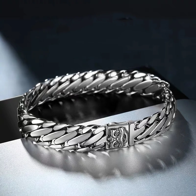 

Real S925 Silver Engraved Lion Duo Curb Chain Link Men's Cuff Bracelets 12MM Solid Chunky Bracelet Gift For Him 18/19/20/21/22CM