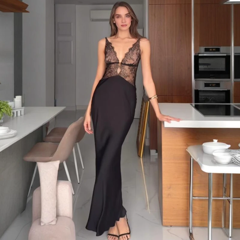 

TARUXY Sexy Lace Splice Sexy Dress Women's Sleeveless Deep V-Neck Elegant Suspenders Long Dress New Vacation Party Bodyocn Dress