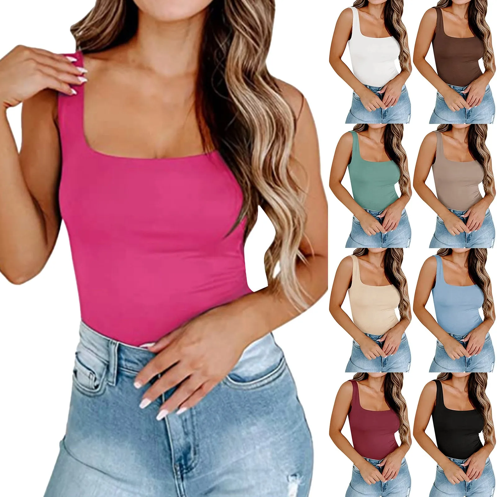 

Women Solid Square Neck Ribbed Tank Top Camisole Women Summer Basic Elastic Sleeveless Crop Tops Casual Y2k Summer Blouse