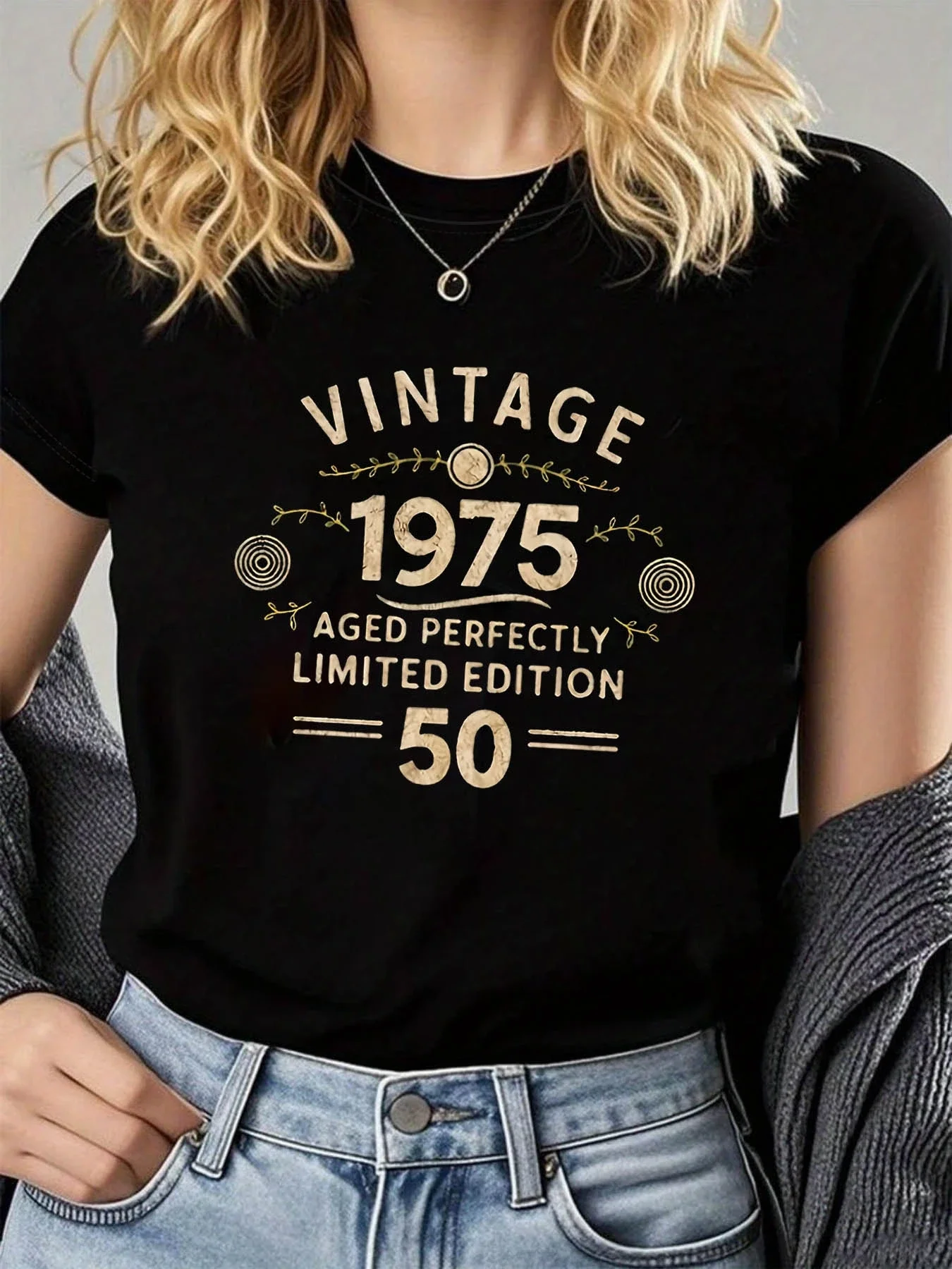 Women's T-shirt Short Sleeve VINTAGE 1975 AGED PERFECTLY Letter Print Crew Neck Casual Top For Summer & Spring